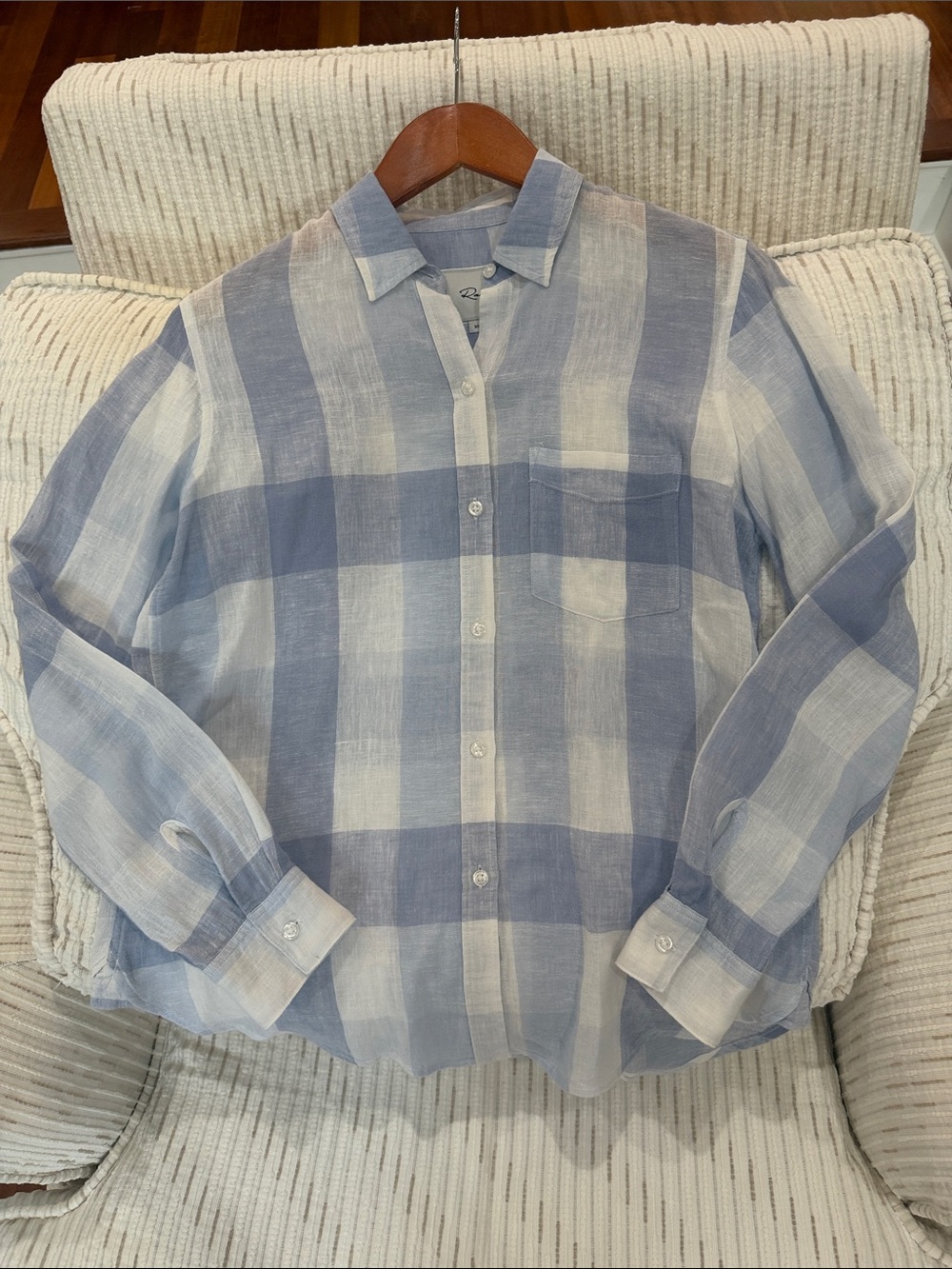 Rails Charli Linen Blend Sky Blue Check Plaid Button Down Shirt Top XS